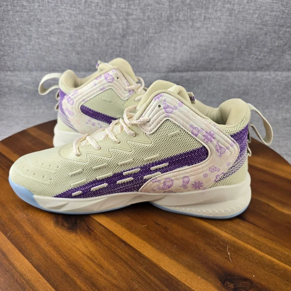 Mens Number 24 Basketball Shoes Cream Purple‎ Paisley Floral Sneakers Size 45